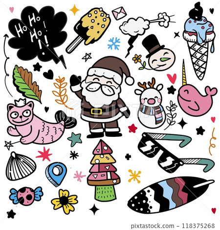 Whimsical Christmas illustration with Santa and playful icons on white background 118375268