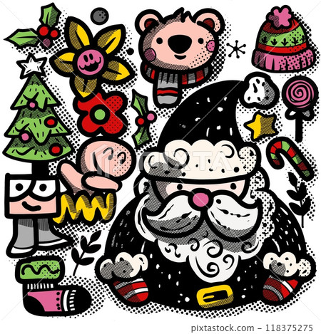 Playful Christmas illustration with Santa and festive decorations Playful Christmas illustration with Santa and festive decorations 118375275