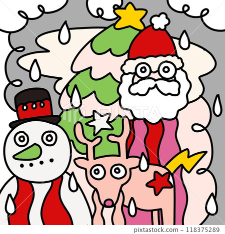 Quirky Christmas illustration with Santa, snowman, and reindeer Quirky Christmas illustration with Santa, snowman, and reindeer 118375289