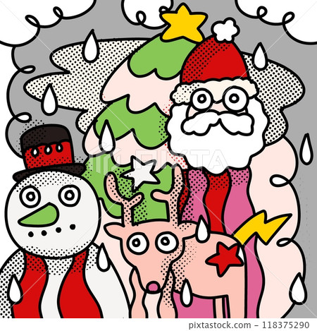 Quirky Christmas illustration with Santa and snowman on gray background Quirky Christmas illustration with Santa and snowman on gray background 118375290