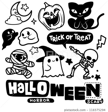 Halloween doodle collection with ghosts and spooky elements for coloring book Halloween doodle collection with ghosts and spooky elements for coloring book 118375294