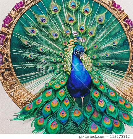 A beautiful peacock with its wings spread 118375512