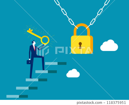 Success business concept. Golden key to unlock, solve business problem, professional to give solutions, key or unlock business accessibility, smart businessman holding golden key to unlock the pad. 118375951