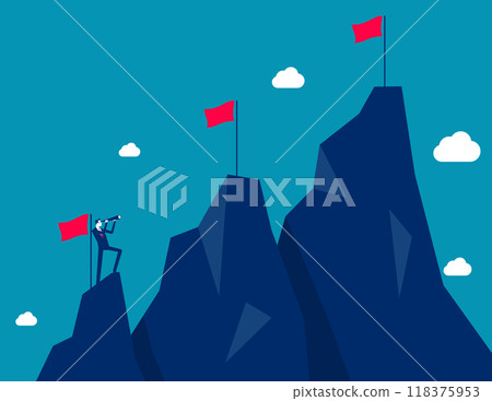 Ambition to success and achieve target, career growth or business goals, challenge to win, achievement or victory concept, motivated businessman reach mountain peak aiming to achieve higher targets. Ambition to success and achieve target, career growth or business goals, challenge to win, achievement or victory concept, motivated businessman reach mountain peak aiming to achieve higher targets. 118375953