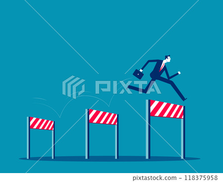 Business challenge, overcome difficulty or obstacle to achieve business success, effort. Ambitious businessman jump over hurdles. Skill or aspiration to solve problem concept. 118375958