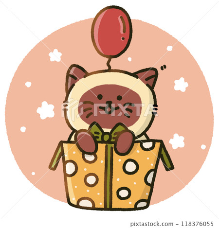 cute cartoon of a cat surprising from a gift box with red balloon illustration 118376055