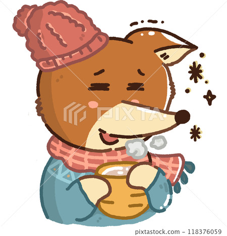 cute cartoon of a fox drinking hot tea illustration 118376059