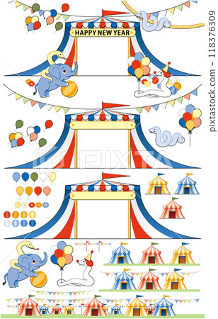 蛇年插畫新年賀卡設計素材《蛇象馬戲團框架》HAPPY NEW YEAR 118376309