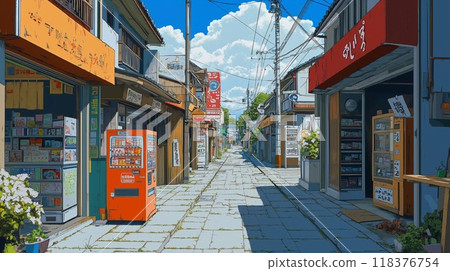 陽光明媚的商店街-日本小鎮的日常生活場景 陽光明媚的商店街-日本小鎮的日常生活場景 118376754