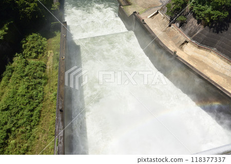 View of discharge from Amagase Dam with a rainbow 118377337