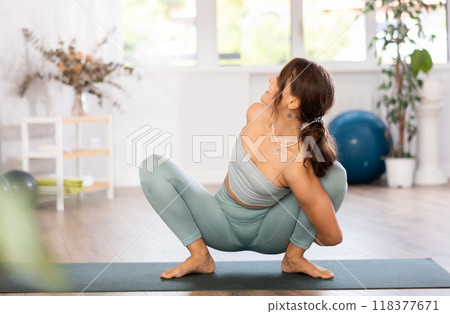 Slim fitness young girl practices relaxation yoga indoor. Sport, healthy lifestyle 118377671