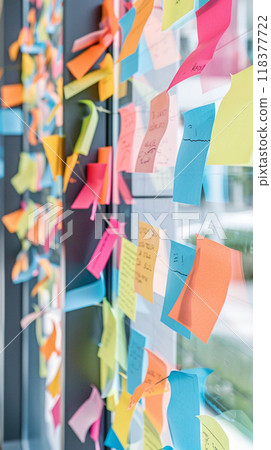 A wall covered in colorful sticky notes with various words 118377722