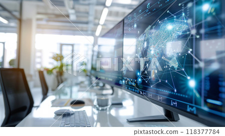 A computer monitor displays a map of the world with many lines and dots 118377784