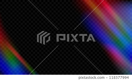 Rainbow light leak effect background. Prism lens flare texture backdrop. Burnt retro film bokeh overlay. Old aged photo filter template. Fade blur gradient photography wallpaper. Vector 118377994