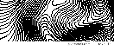 Dithered wavy curved line texture. Black 8 bit pixel glitch background. Rasterized stripes overlay wallpaper. Binary digitalized distorted backdrop for banner, poster, flyer, brochure, booklet. Vector 118378012