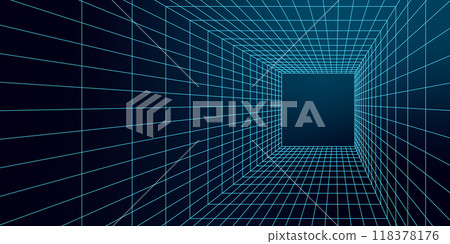 Abstract 3D mesh grid forming a geometric wireframe tunnel. Futuristic y2k tech portal design with sharp lines creating depth in neon blue, giving a retro cyberpunk vibe. Digital geometry. Abstract 3D mesh grid forming a geometric wireframe tunnel. Futuristic y2k tech portal design with sharp lines creating depth in neon blue, giving a retro cyberpunk vibe. Digital geometry. 118378176