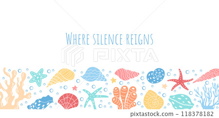 Beautiful marine pattern with underwater corals. Text Where Silence Reigns showcasing colorful reef life at background design. Banner with ocean scene with bubbles and vibrant sea creatures. Beautiful marine pattern with underwater corals. Text Where Silence Reigns showcasing colorful reef life at background design. Banner with ocean scene with bubbles and vibrant sea creatures. 118378182
