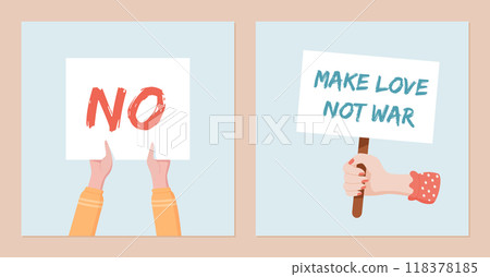 Hands hold protest signs with strong messages like NO and Make Love Not War. This social media template reflects people in a demonstration, emphasizing strength, and solidarity through placards. Hands hold protest signs with strong messages like NO and Make Love Not War. This social media template reflects people in a demonstration, emphasizing strength, and solidarity through placards. 118378185