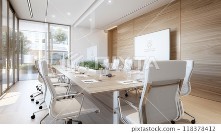 A large conference room with a white board and a projector 118378412