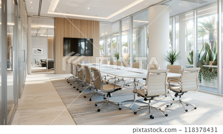 A large conference room with a long table and many chairs A large conference room with a long table and many chairs 118378431