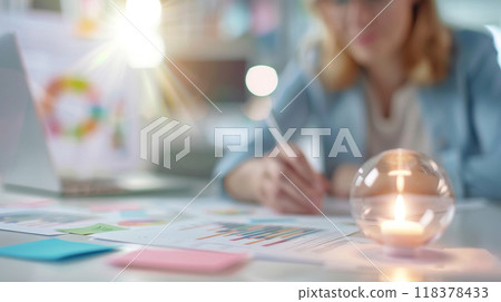 A woman is sitting at a desk with a candle and a laptop A woman is sitting at a desk with a candle and a laptop 118378433
