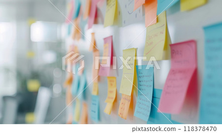 A wall covered in colorful sticky notes with various ideas written on them 118378470