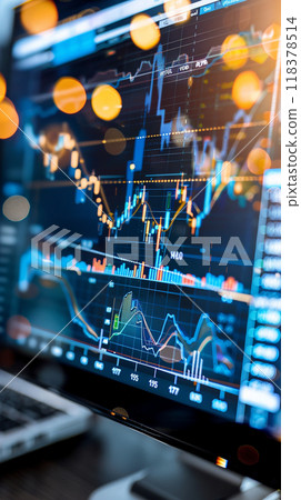 A computer monitor displays a graph of stock prices 118378514