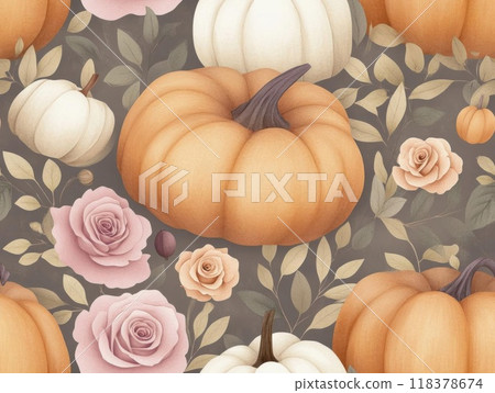 A beautiful autumn pattern featuring pumpkins and roses, perfect for seasonal decor and festive designs. 118378674