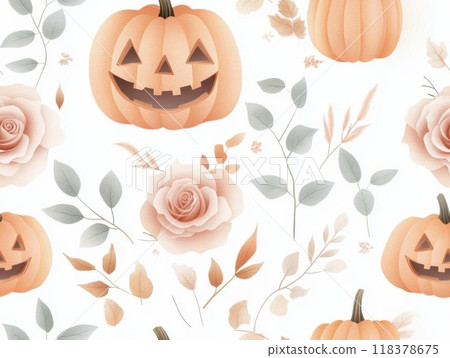 Charming pattern featuring smiling pumpkins and delicate roses, perfect for autumn and Halloween-themed designs. 118378675
