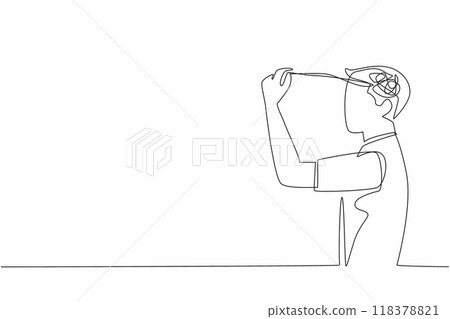 Single one line drawing teenage boy holding thread unraveling from tangled mess. Reduce problems. Reduce excessive stress. World Teen Mental Wellness Day. Continuous line design graphic illustration Single one line drawing teenage boy holding thread unraveling from tangled mess. Reduce problems. Reduce excessive stress. World Teen Mental Wellness Day. Continuous line design graphic illustration 118378821