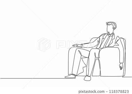Single one line drawing tired businessman sleep in a sitting position on the sofa. Take a short break before continuing the meeting. National Napping Day. Continuous line design graphic illustration 118378823