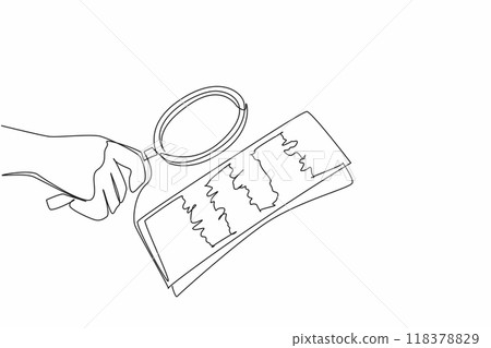 Single continuous line drawing hand holds magnifying glass and pointing at a piece of paper. Correct the answer. Finding alternative answers. National Grammar Day. One line design vector illustration 118378829