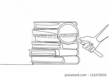 Single continuous line drawing hand holding magnifying glass and pointing at a pile of books. Exploration. Scientific research in language. National Grammar Day. One line design vector illustration 118378830