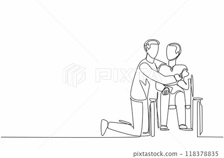 Continuous one line drawing male caregiver kneels and hugs old grandfather sitting in wheelchair. Provide psychological support. Caregiver Appreciation Day. Single line draw design vector illustration Continuous one line drawing male caregiver kneels and hugs old grandfather sitting in wheelchair. Provide psychological support. Caregiver Appreciation Day. Single line draw design vector illustration 118378835