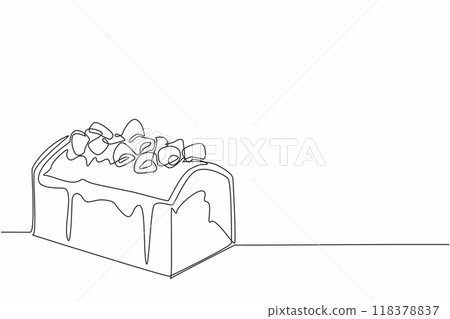 Single continuous line drawing pound cake with vanilla cream and raspberries. Freshly cooked food. Served to increase appetite. Delicious. National Pound Cake Day. One line design vector illustration Single continuous line drawing pound cake with vanilla cream and raspberries. Freshly cooked food. Served to increase appetite. Delicious. National Pound Cake Day. One line design vector illustration 118378837