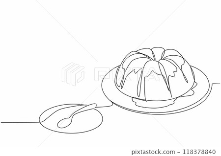 Single one line drawing pound cake vanilla cream topping and cake scoop on small cake plate. A delicious dessert to serve. Yummy. National Pound Cake Day. Continuous line design graphic illustration 118378840