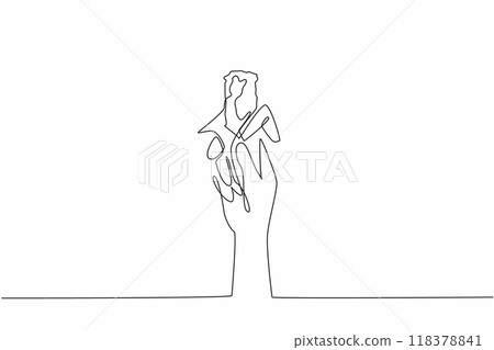 Continuous one line drawing hand holding cereal bar. Delicious sweet food. Has many delectation flavors. Healthy breakfast with cereal. National Snack Day. Single line draw design vector illustration 118378841