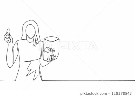 Single continuous line drawing energetic beautiful woman holding potato chips. Enjoy every crispy piece. High natrium content. Tasty. Delicious. National Snack Day. One line design vector illustration Single continuous line drawing energetic beautiful woman holding potato chips. Enjoy every crispy piece. High natrium content. Tasty. Delicious. National Snack Day. One line design vector illustration 118378842