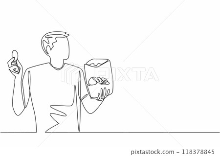 Continuous one line drawing handsome man holding potato chips in hand. Able to finish delicious crisp snacks in short time. Delectation. National Snack Day. Single line draw design vector illustration Continuous one line drawing handsome man holding potato chips in hand. Able to finish delicious crisp snacks in short time. Delectation. National Snack Day. Single line draw design vector illustration 118378845