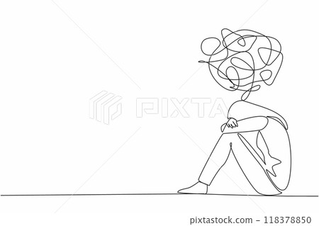 Continuous one line drawing teenage girl sitting on the floor crossing her arms on her knees. Suffering from deep stress. World Teen Mental Wellness Day. Single line draw design vector illustration 118378850