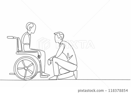 Single continuous line drawing a caregiver kneels down. Talking to an old grandfather sitting in a wheelchair. Providing the best care. Caregiver Appreciation Day. One line design vector illustration Single continuous line drawing a caregiver kneels down. Talking to an old grandfather sitting in a wheelchair. Providing the best care. Caregiver Appreciation Day. One line design vector illustration 118378854