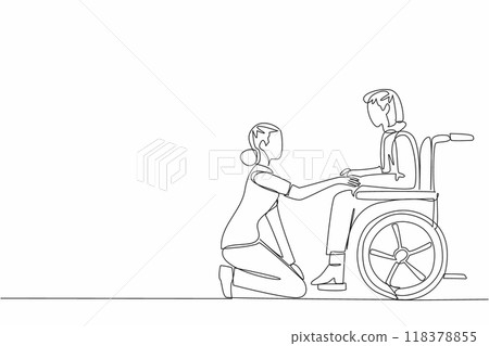 Single one line drawing caregiver kneeling. Make conversation with old grandmother who sitting on wheelchair. Support. Friendly. Caregiver Appreciation Day. Continuous line design graphic illustration Single one line drawing caregiver kneeling. Make conversation with old grandmother who sitting on wheelchair. Support. Friendly. Caregiver Appreciation Day. Continuous line design graphic illustration 118378855
