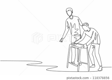 Continuous one line drawing caregiver guides an old grandfather who walks using a walker. Doing therapy. Caring with patience. Caregiver Appreciation Day. Single line draw design vector illustration Continuous one line drawing caregiver guides an old grandfather who walks using a walker. Doing therapy. Caring with patience. Caregiver Appreciation Day. Single line draw design vector illustration 118378856
