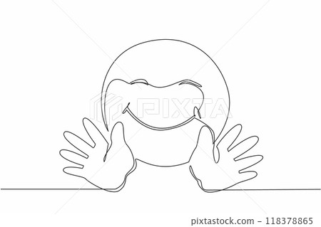 Single one line drawing smiling emoticon with raise both hands. Text messages are used to replace emotions, tone of voice and body language. Giving a hug. Continuous line design graphic illustration 118378865