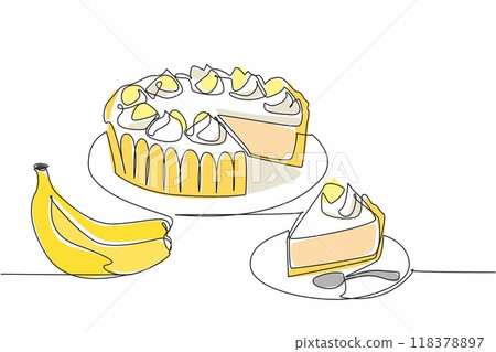 Continuous one line drawing sliced round banana cream pie. Ready to serve with sweet taste. Dessert high in carbohydrates. National Banana Cream Pie Day. Single line draw design vector illustration Continuous one line drawing sliced round banana cream pie. Ready to serve with sweet taste. Dessert high in carbohydrates. National Banana Cream Pie Day. Single line draw design vector illustration 118378897