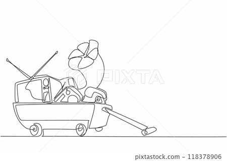 Continuous one line drawing pull cart with household appliances. Want to move antique items. Telephone. Vintage retro tube television. Radio. Gramophone. Single line draw design vector illustration 118378906