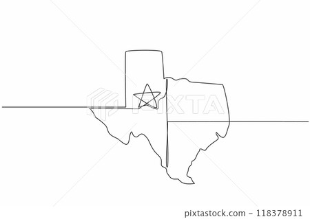 Continuous one line drawing map of Texas. Depiction of territorial extent of the state of Texas. Has nickname The Lone Star State. Texas Independence Day. Single line draw design vector illustration 118378911