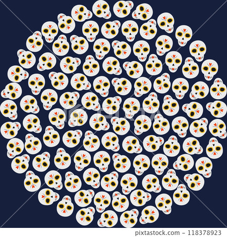 Sugar skulls with decorative hearts and lines. Circle background texture on dark blue Backdrop idea 118378923