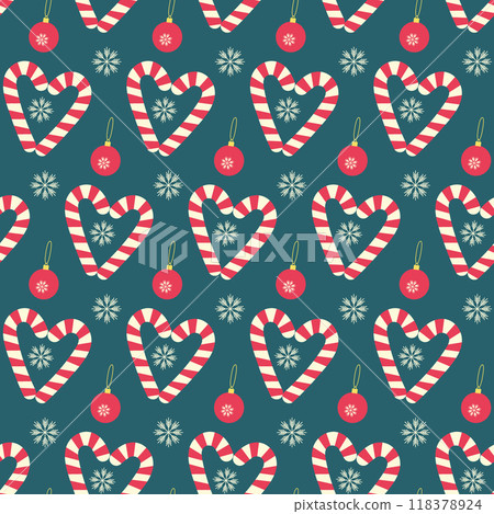 Candy Canes heart shaped with Christmas toy and snowflake Seamless pattern. New Year background idea 118378924