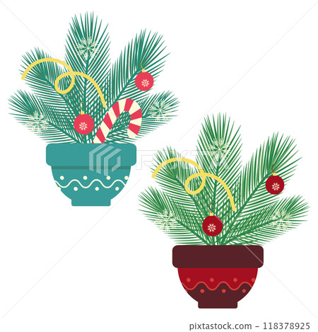 striped Candy Cane, Serpentines, snowflakes and Christmas pine twig in flower pot. New Year bouquet 118378925